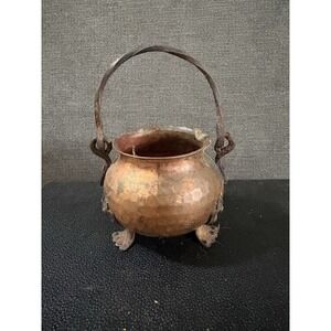 Vintage Hammered Copper Pot Kettle Wrought Iron Handle, Footed Germany Patina